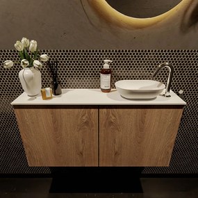 Mondiaz Fowy toiletmeubel 100cm washed oak met witte waskom rechts en kraangat