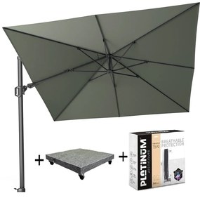 Challenger T2 zweefparasol 300x300 cm olijf met parasolvoet120kg en hoes