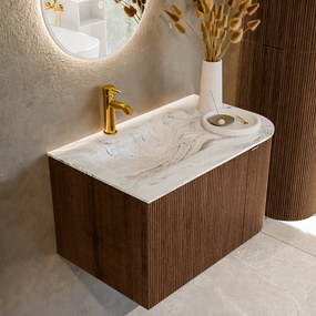 Mondiaz Kurve-dlux 75cm badmeubel ronding rechts walnut met 1 lade en deur en wastafel grunne kraangat links glace