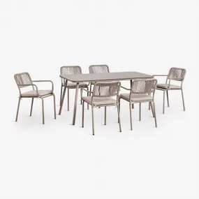 Rechthoekige Eettafelset 160x90 Cm Met 6 Stapelbare Eetkamerstoelen Van Gevlochten Touw Arhiza Moka Bruin - Sklum