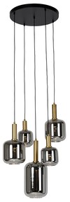 Hanglamp zwart met goud met smoke glas incl. 5 PUCC - Zuzanna