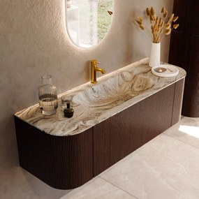 Mondiaz Kurve-dlux 140cm badmeubel ronding links/rechts ruby met 1 lade en 2 deuren en wastafel big small midden 1 kraangat glace