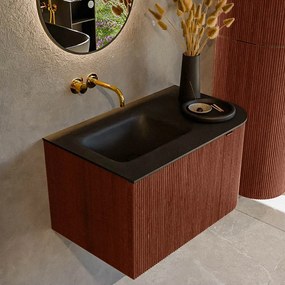 Mondiaz Kurve 75cm badmeubel ronding rechts ruby met 1 lade en deur en wastafel grunne links zonder kraangat urban