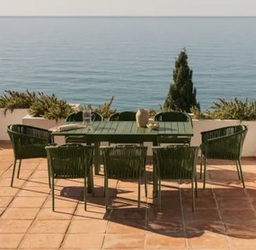Set Van Uitschuifbare Tafel 90-180x90 Cm Starmi En 8 Stapelbare Tuinstoelen Van Aluminium En Gevlochten Touw Ondina Groen – Intens Olijf - Sklum