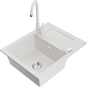 Mexen Enzo granitische spoelbak met 1 bak en afdruiprek en keukenmengkraan Telma, wit - 6506-20-670200-20