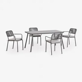 Rechthoekige Tuintafelset 160x90 Cm Met 4 Stapelbare Tuinstoelen Van Gevlochten Touw Arhiza Grijs – Grafiet - Sklum