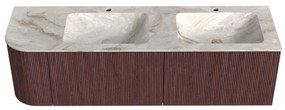 Mondiaz Kurve-dlux 155cm badmeubel ronding links ruby met 2 lades en 1 deur en wastafel leaf dubbel/rechts 2 kraangaten frappe