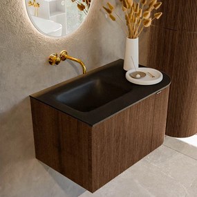Mondiaz Kurve 75cm badmeubel ronding rechts walnut met 1 lade en deur en wastafel grunne links zonder kraangat urban
