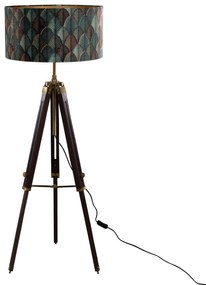 Vloerlamp messing tripod met velours lampenkap blad dessin met gouden binnenkant - Cortin