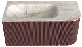 Mondiaz Kurve-dlux 95cm badmeubel ronding rechts ruby met 1 lade en deur en wastafel big small kraangat links frappe