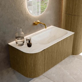 Mondiaz Kurve-dlux 95cm badmeubel ronding links dusk met 1 lade en deur en wastafel big small rechts zonder kraangat ostra