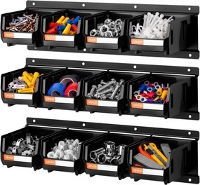 VEVOR wandgemonteerde stapelboxen, 137 x 105 x 75 mm (12 stuks) & 3 metalen rails, zichtbare opbergboxen voor schroeven, moeren, bouten, spijkers, gereedschapsorganizer voor werkplaats, hobbykamer, garage, zwart