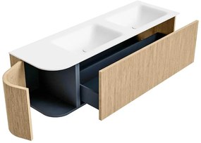 Mondiaz Kurve 145cm badmeubel ronding links oak met 1 lade en deur en wastafel cloud dubbel/rechts 2 kraangaten