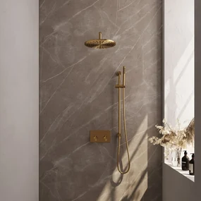 Brauer Gold Carving thermostatische inbouw regendouche met staafhanddouche, gebogen muurarm, glijstang en hoofddouche 30cm set 64 messing geborsteld PVD