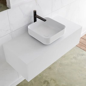 Zaro Lagom volledig naadloos solid surface onderkast met topblad 100cm mat wit met 1 lades Push tot open. Compleet met solid surface opzetkom met 1 kraangat(en)