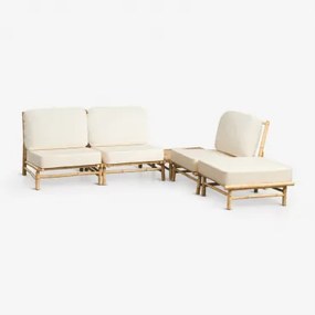 Tuinset Met 3-delige Modulaire Bank, Poef En Vierkante Salontafel 75x75 Cm Van Bamboe Isendra Stof Wit - Sklum