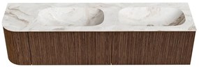 Mondiaz Kurve-dlux 175cm badmeubel ronding links walnut met 2 lades en 1 deur en wastafel stor small dubbel/rechts 2 kraangaten frappe