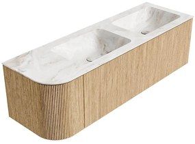 Mondiaz Kurve-dlux 145cm badmeubel ronding links oak met 1 lade en deur en wastafel leaf dubbel/rechts 2 kraangaten frappe