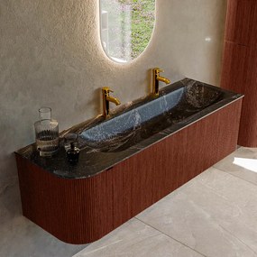 Mondiaz Kurve-dlux 145cm badmeubel ronding links ruby met 1 lade en deur en wastafel big large rechts 2 kraangaten lava
