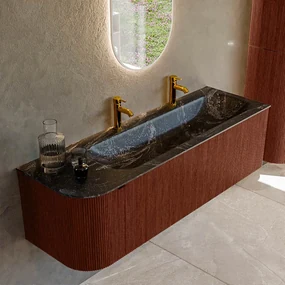 Mondiaz Kurve-dlux 145cm badmeubel ronding links ruby met 1 lade en deur en wastafel big large rechts 2 kraangaten lava