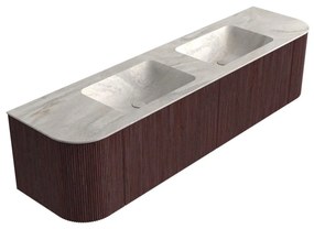 Mondiaz Kurve-dlux 180cm badmeubel ronding links/rechts ruby met 2 lades en deuren en wastafel leaf dubbel zonder kraangat ostra