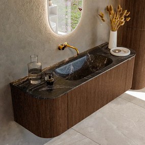 Mondiaz Kurve-dlux 140cm badmeubel ronding links/rechts walnut met 1 lade en 2 deuren en wastafel big small midden zonder kraangat lava
