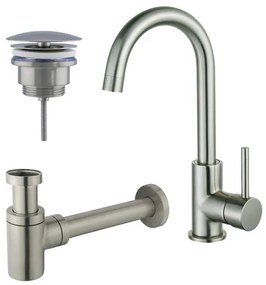 Fortifura Calvi Wastafelkraanset - hoge wastafelkraan - draaibare uitloop - always open plug - verlaagde design sifon - Geborsteld RVS PVD (RVS) SW809348/SW696207/SW696217