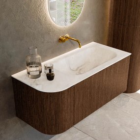Mondiaz Kurve-dlux 105cm badmeubel ronding links walnut met 1 lade en deur en wastafel big small rechts zonder kraangat frappe