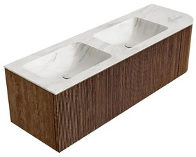 Mondiaz Kurve-dlux 145cm badmeubel ronding rechts walnut met 1 lade en deur en wastafel leaf dubbel/links zonder kraangat ostra