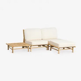 Tuinset Met 2-delige Modulaire Bank, Poef En Vierkante Salontafel Van Bamboe Isendra Stof Wit - Sklum