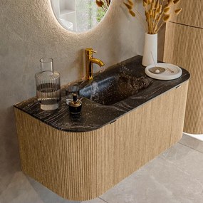 Mondiaz Kurve-dlux 100cm badmeubel ronding links/rechts oak met 1 lade en 2 deuren en wastafel grunne midden 1 kraangat lava