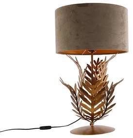 Vintage tafellamp goud 33 cm met velours kap taupe 35 cm - Botanica Landelijk E27 Binnenverlichting Lamp