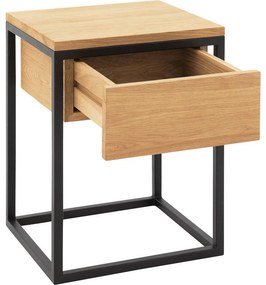 Goossens Nachtkastje Lord, Metaal ral 9005 zwart, met lade en bovenblad massief eik, 40 x 35 x 57 cm hoog