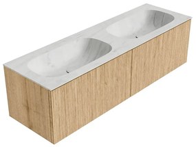 Mondiaz Kurve-dlux 150cm badmeubel oak met 2 lades en wastafel stor small dubbel 2 kraangaten opalo