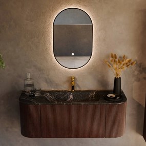 Mondiaz Kurve-dlux 120cm badmeubel ronding links/rechts ruby met 1 lade en 2 deuren en wastafel big small midden 1 kraangat lava