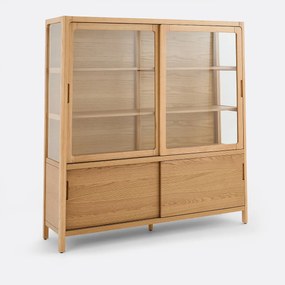 Vitrinekast in massief essen en eikenfineer, 4 deuren, hoogte 180 cm, Tress