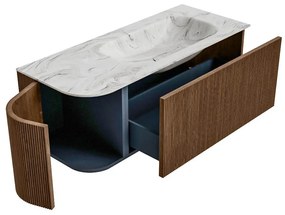 Mondiaz Kurve-dlux 115cm badmeubel ronding links walnut met 1 lade en deur en wastafel big small kraangat rechts glace