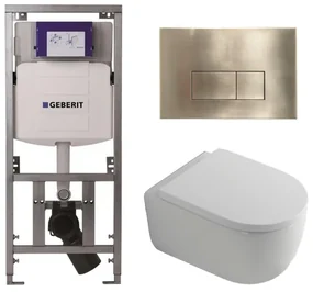 QeramiQ Dely Swirl Toiletset - 36.3x51.7cm - Geberit UP320 Burda inbouwreservoir - 35mm zitting - geborsteld messing bedieningsplaat - rechthoekige knoppen - wit glans 0701131/SW706201/SW1000767/SW1026256