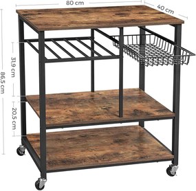 Nancy's Richland Vintage Keukenwagen - Serveerwagen - Keukentrolleys - Rustiek Bruin - Industriële Trolley - 80 x 40 x 86.5 cm