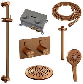 Brauer Copper Carving thermostatische inbouw regendouche met 3 standen handdouche, plafondarm, glijstang en hoofddouche 20cm set 71 koper geborsteld PVD