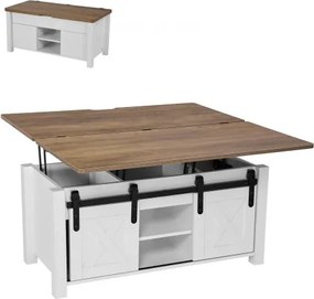 VEVOR Lift Top salontafel 100 cm, rustieke salontafel met schuurdeur en verborgen opbergvak, rechthoekig hefbaar tafelblad voor woonkamer, kantoor, thuis, woonkamertafel, banktafel, bruin + wit