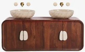 Dubbel Zwevend Badkamermeubelset 130x45 Cm Van Mangohout En Natuurlijke Kivalina-steen Travertijn - Donker Mangohout & 2 X Ronde Travertijn Ø40 -