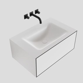 Zaro Lagom volledig naadloos solid surface onderkast 70cm mat zwart met 1 lade Push tot open. Compleet met solid surface wastafel met 0 kraangat(en)