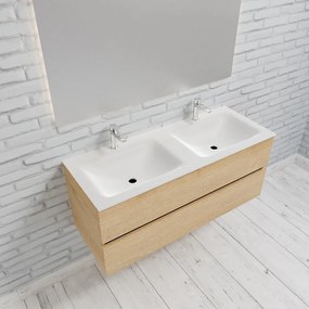 Zaro Valencia Solid Surface badmeubel 120cm licht eiken 2 kraangaten dubbele spoelbak met 2 lades