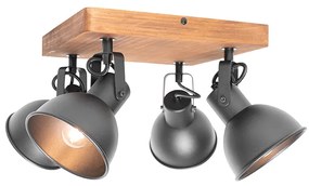 Industriële spot zwart met hout kantelbaar 4-lichts - Tommy