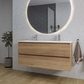 Adema Chaci Badkamermeubelset - 120x46x57cm - 2 keramische wasbakken wit - 2 kraangaten - 2 lades - ronde spiegel met verlichting - eiken SW1212781/SW804533/SW161923