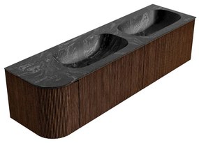 Mondiaz Kurve-dlux 165cm badmeubel ronding links walnut met 2 lades en 1 deur en wastafel stor small dubbel/rechts zonder kraangat lava