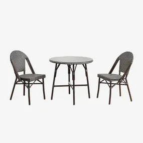 Brielle Bistro Ronde Tafelset, Ø80 Cm, En Twee Stapelbare Tuinstoelen Van Aluminium En Synthetisch Rotan. Grijs – Grafiet - Gardenia Wit - Sklum