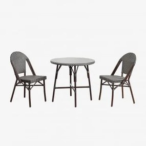 Set Ronde Tafel Ø80 Cm En 2 Stapelbare Tuinstoelen In Aluminium En Kunststof Rotan Brielle Bistro Grijs – Grafiet - Sklum