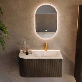 Mondiaz Kurve-dlux 85cm badmeubel ronding links shadow met 1 lade en deur en wastafel cloud kraangat rechts frappe